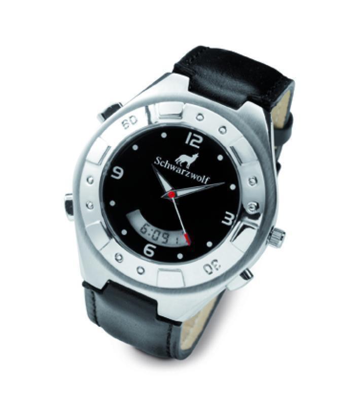 Neuch?tel water resistant watch (50 meters) with digital stopwatch, stainless steel case and leather