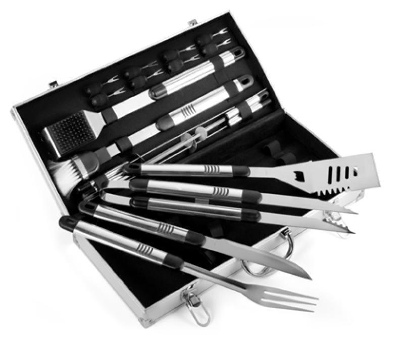 Chicory barbecue set in an aluminium case with eight scewers, four spits, brush, soft brush, carving