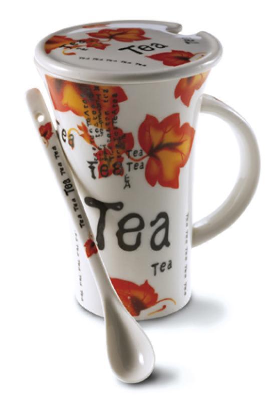 Tea mug (0,30 litre) with lid and teaspoon in a gift box.