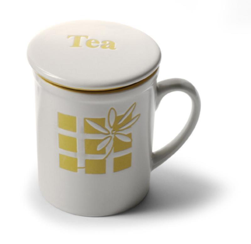 Tea mug with tea strainer and lid.