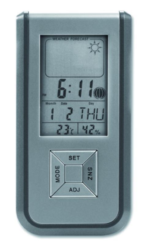Weatherstation with five functions: alarm, thermometer, calendar, hydrometer and weather forecast, i