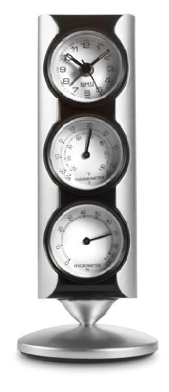 Desk clock with hydrometer and thermometer on a rotating base, incl batt