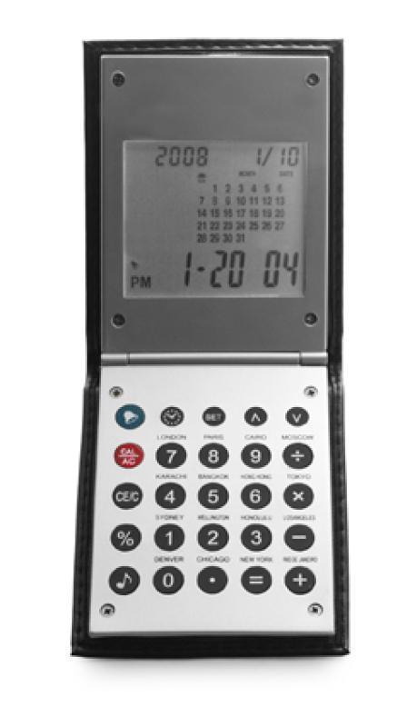 World time alarm clock with calculator and calendar, supplied in a PU cover