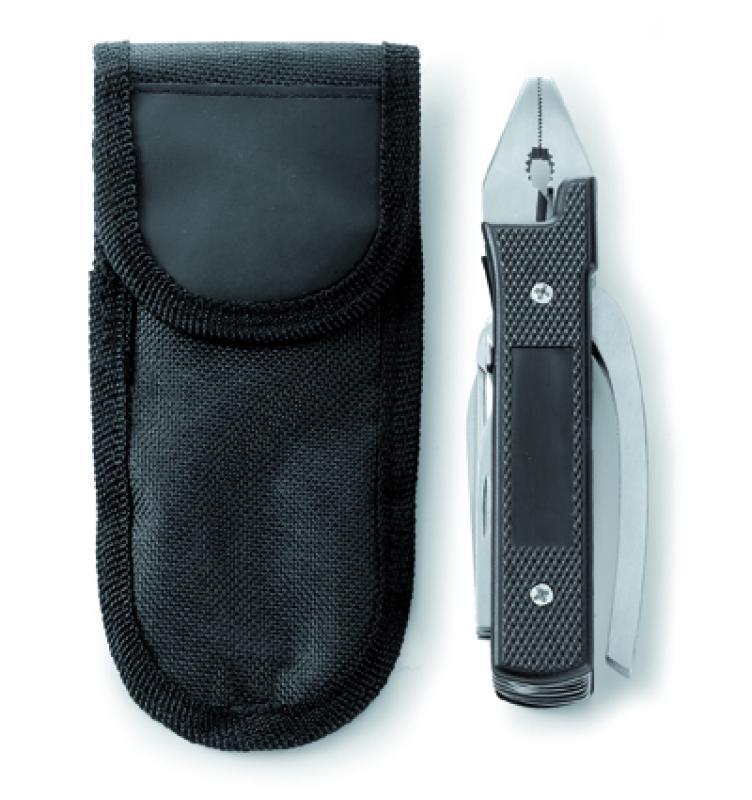 Multi tool, stainless steel, twelve functions, supplied in a black nylon pouch (D)