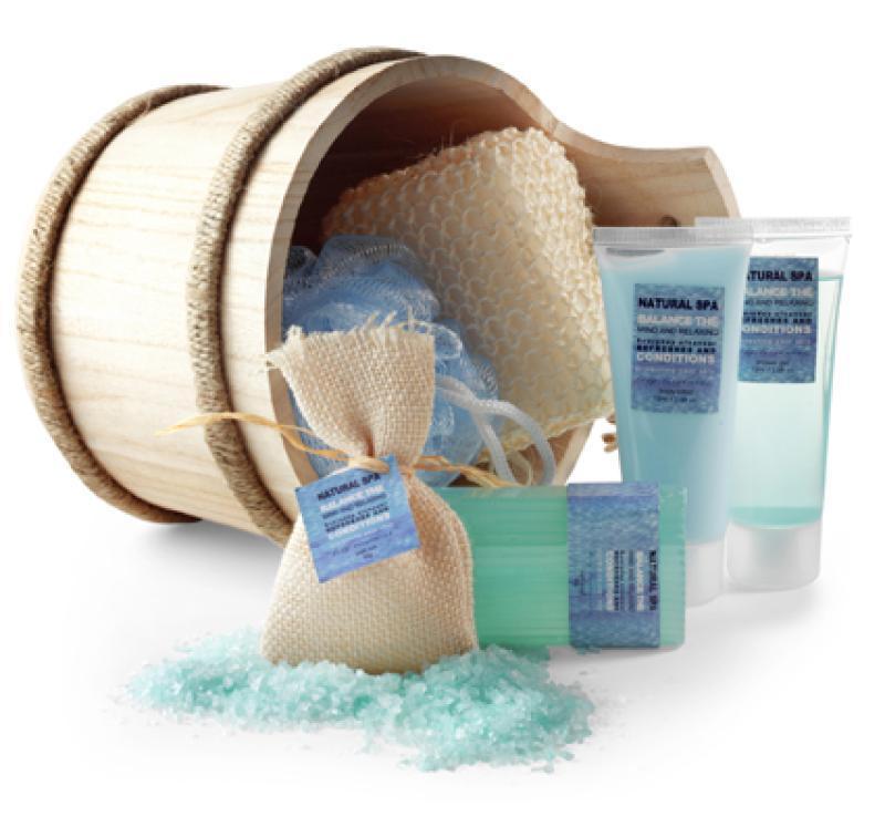 Vienna bath set with shower gel, body lotion, sponge with sisal, soap, bath salt and puff, in wooden