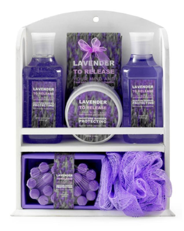 Lavender bath set with massage soap, puff, glitter shower gel, body butter, bath salt and shower gel