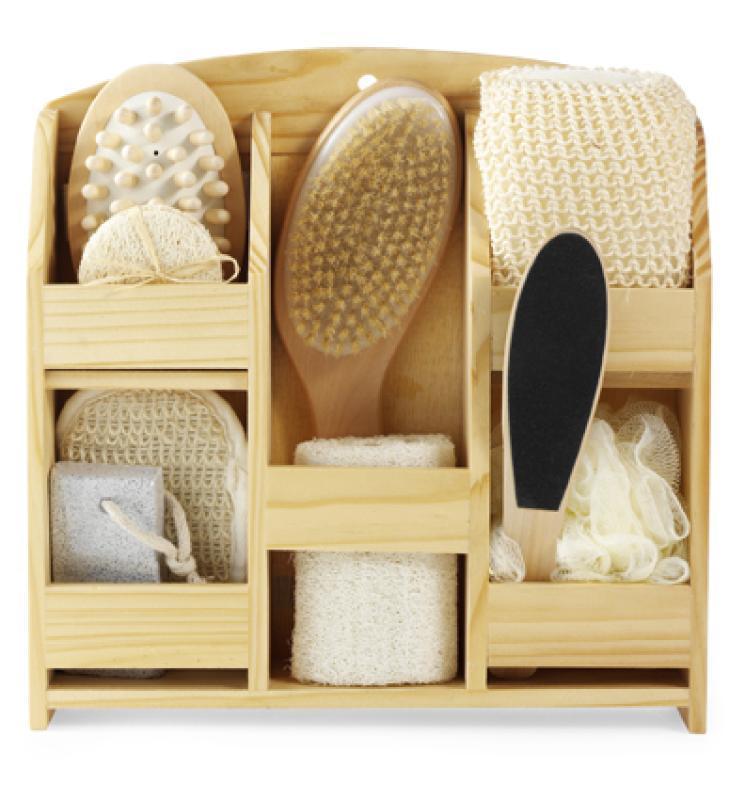 Country bath set with massage brush, sponge with sisal, scrub sponges and puff, in wooden rack, 10 p
