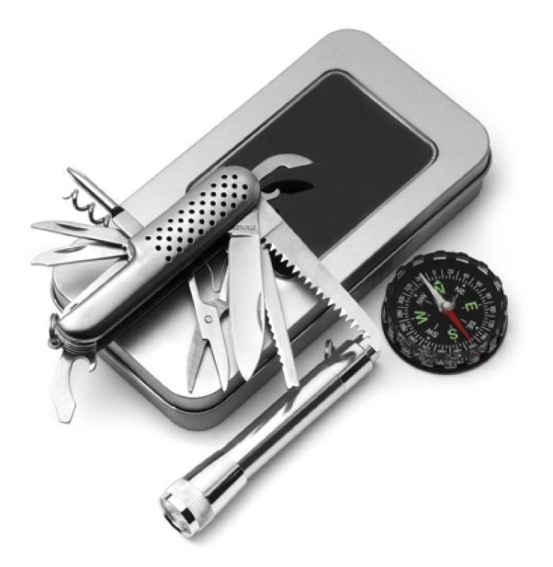 Survival set in a tin, includes a compass, torch and a 10 pc pocket knife. (D)