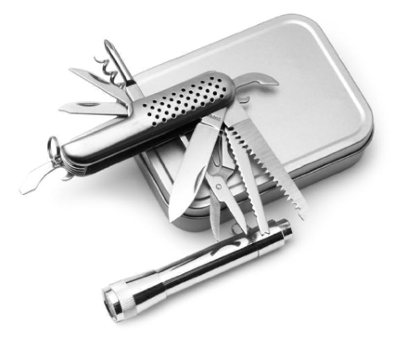 Survival set in a presentation tin, includes a pocket torch and 10pc pocket knife. (D)