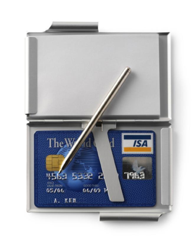 Business card holder with note pad and metal ballpen, blue ink 