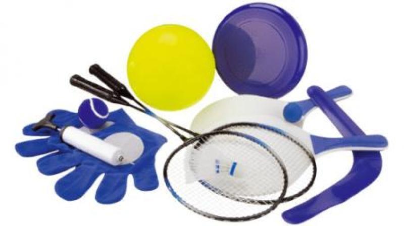 BEACH GAMES BAG â€“ With beach paddles, volleyball, flying disc, sticky gloves, pump, badminton set,